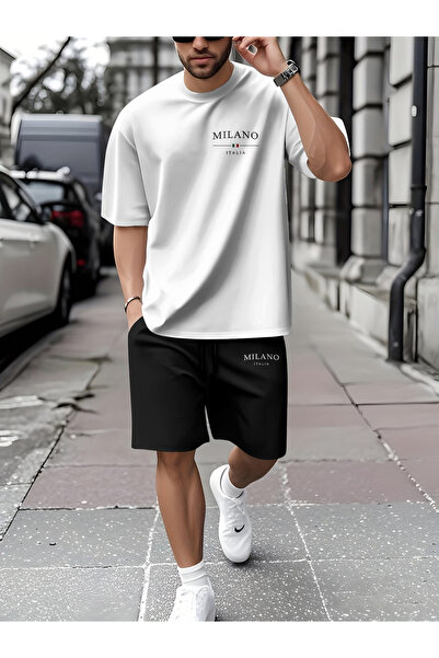 ship master Men's Oversize Milano Italia Written T-Shirt Shorts Set 100% Cott...