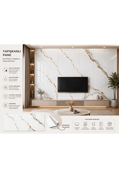 kurt41 6 Adet, 30x60cm Gold Damar Mermer Desenli Kendinden Yapışkanlı Banyo P...