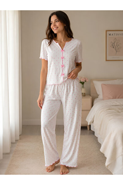 Pijamask Women's Ribbon-Detained Patterned Short Sleeve Pajama Set