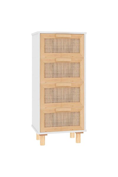vidaxl Servantă, alb, 40x30x90 cm, lemn masiv pin și ratan