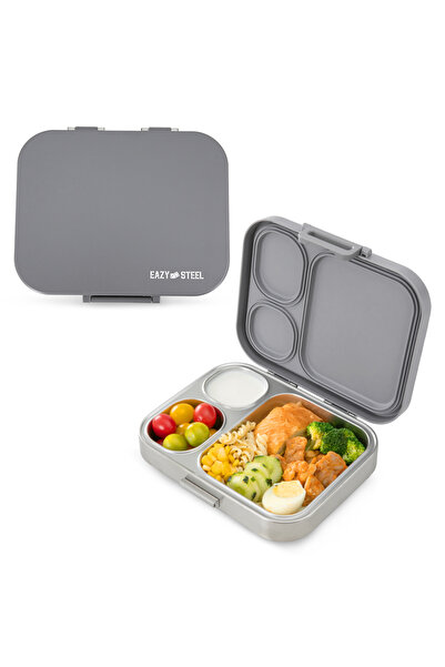 Eazy Kids Premium Stainless Steel Bento Lunch Box w/ Silicon Lid, Grey