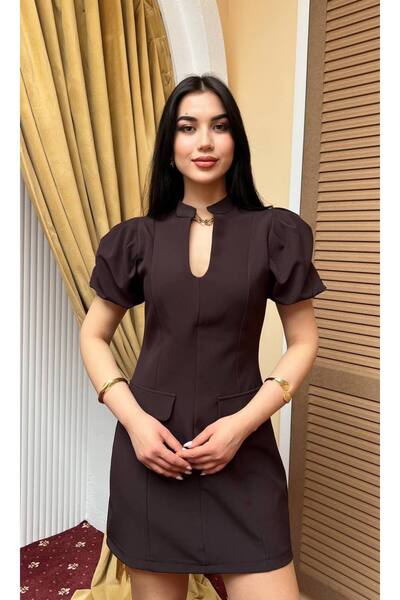 Elif Baysal Boutique Kadın Kahverengi Dik Yaka Dekolteli Karpuz Kol Mini Elbi...