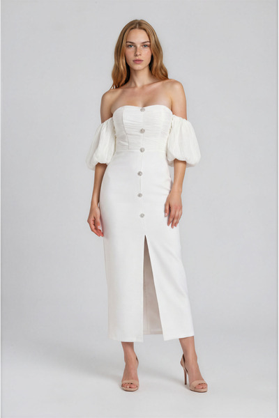 Vanni Couture Rochie Alba Midi Nasturei
