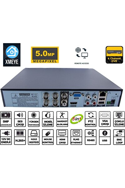 technozi 4 Kanal 5 mp Kamera Kayıt Cihazı Ahd Dvr 1080P H265+ Plus 5 in 1 Hibrit Xmeye