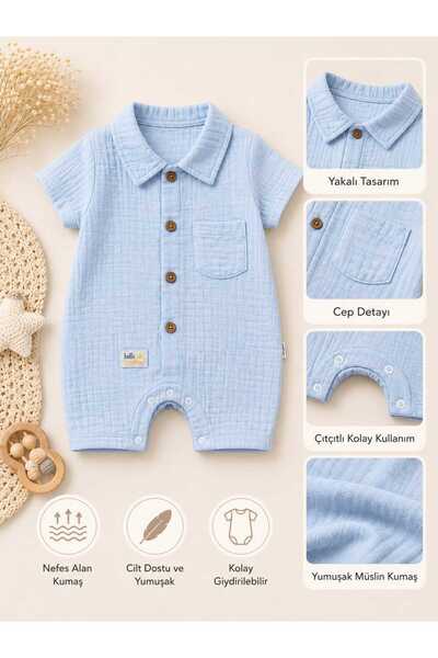 Lino Baby Müslim %100 Gömlek Yaka Detaylı Önü Düğmeli Aylık Erkek Bebek Tulum
