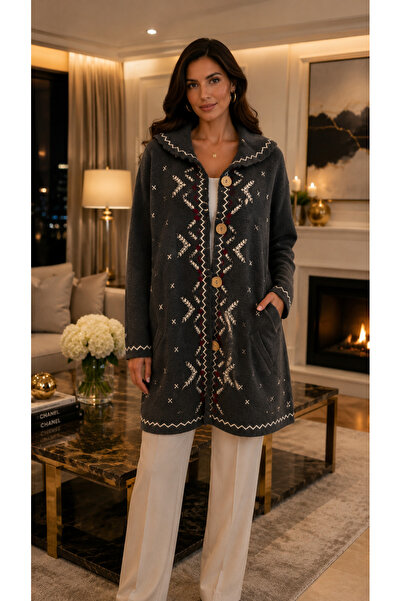 BALİS PİJAMA Women's Cream Black Ethnic Patterned Hooded Knitwear Coat with W...