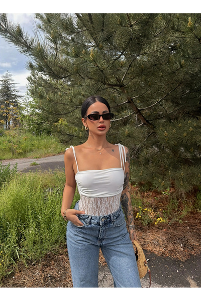 kırmızı butiks White Angel Guipure Strap Bodysuit