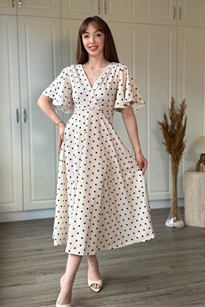 Dilay Gökoğlu Butik Polka Dot Patterned Modal Fabric Midi Beige Dress with Fl...