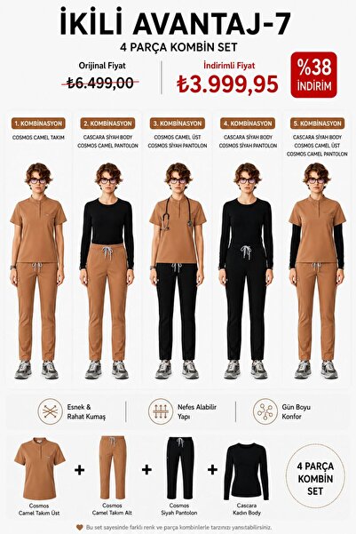 SAR UNIFORM 4 Parça Camel Siyah Scrubs Kombin Seti Medikal Forma Hemşire Dokt...