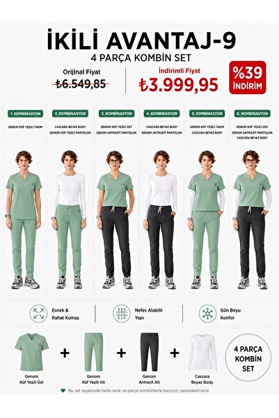 SAR UNIFORM 4 Parça Scrubs Kombin Seti Küf Yeşili Medikal Forma Hemşire Dokto...