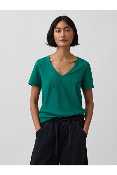 GAP Kadın Yeşil Organik Pamuk VintageSoft V-Yaka T-Shirt