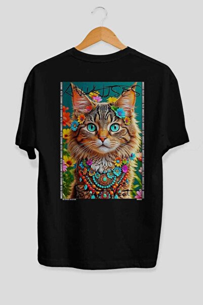 Ankhises For the Love of Cats 93 Cat Printed Black Oversize T-Shirt 100% Cott...