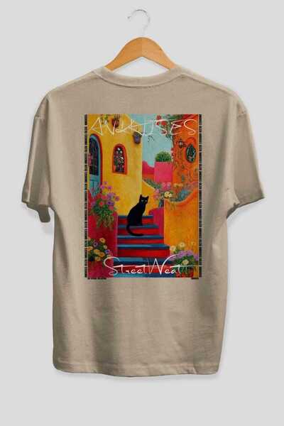 Ankhises For the Love of Cats 22 Cats Printed Beige Oversize T-Shirt 100% Cot...