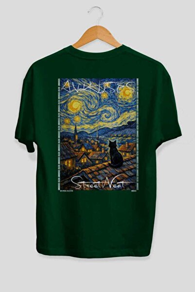 Ankhises For the Love of Cats 21 Cats Printed Green Oversize T-Shirt 100% Cot...
