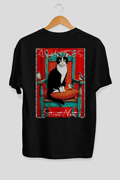 Ankhises 49 Cats for the Sake of Cat Love Printed Black Oversize T-Shirt 100%...