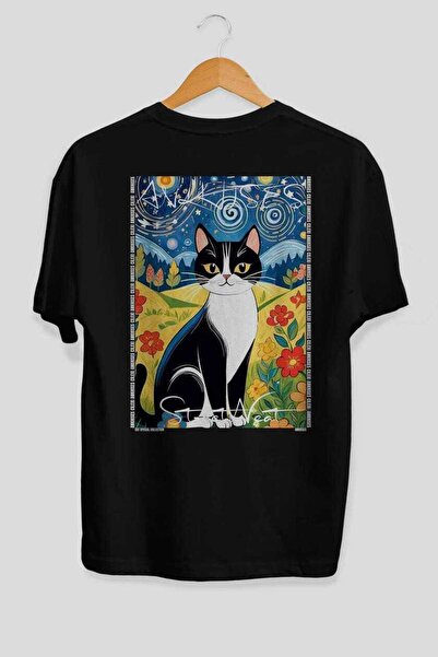 Ankhises For the Love of Cats 78 Cats Printed Black Oversize T-Shirt 100% Cot...