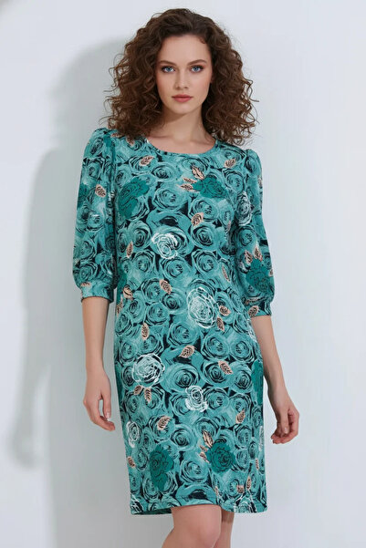 buğrahayalin Women's Round Neck Floral Patterned Green Dress