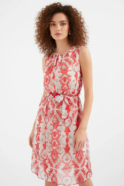 buğrahayalin Women's Zero Sleeve Belted Patterned Chiffon Red Dress