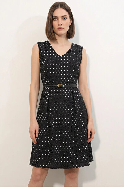 ALFA AKSESUAR 03 Women's V-Neck Belted Polka Dot Black Dress