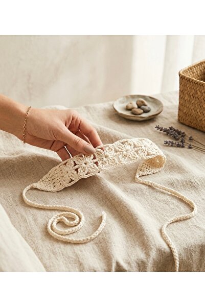 HENERA Women's Cream Hand Knitted Bandana - Floral Knitted Hair Band - Bohemi...