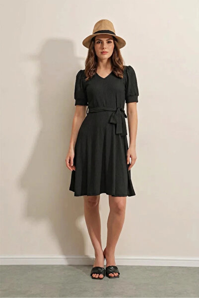 buğrahayalin Women's Round Neck Belted Short Sleeve Black Dress