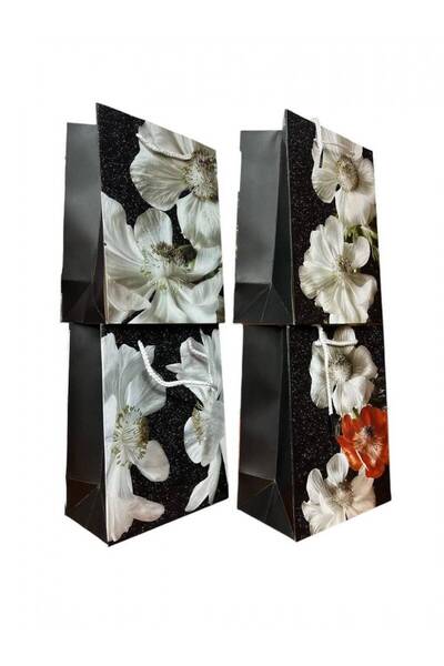 OEM Pungi Cadou Negre Cu Flori Albe 12/set 26x32Hx12