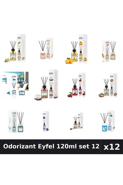 Eyfel Set 12 Odorizant Cameră Betisoare 120ml - 12 Arome Asortate, Parfum Intens