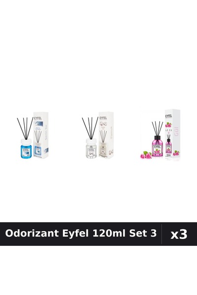 Eyfel Set 3 Odorizant Camera Betisoare 120ml - Cool Water, Bumbac, Trandafir