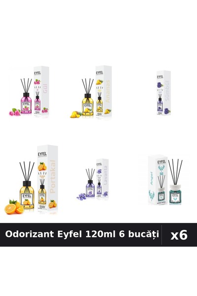 Eyfel Set 6 Odorizante Cameră Betisoare 120ml - Trandafir, Ananas, Zambile, P...