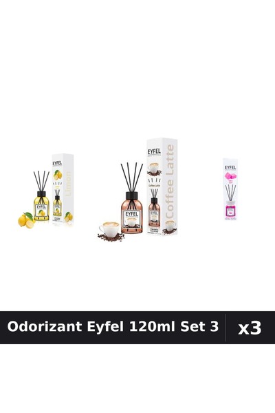 Eyfel Set 3 Odorizant Camera Betisoare 120ml - Lămâie, Cafea, Bubble Gum