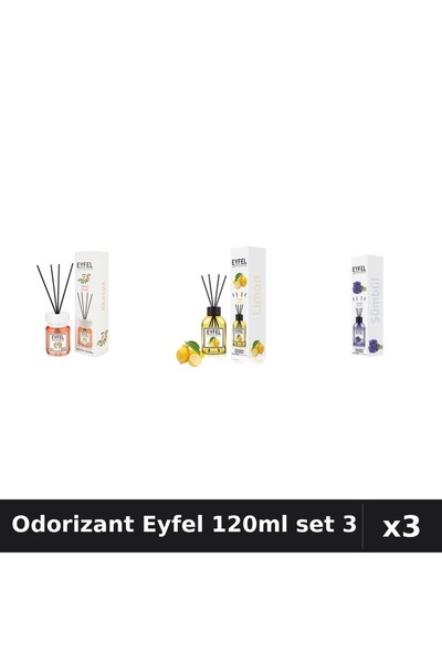 Eyfel Set 3 Odorizant Cameră Betișoare 120ml - Acacia, Lămâie, Zambile