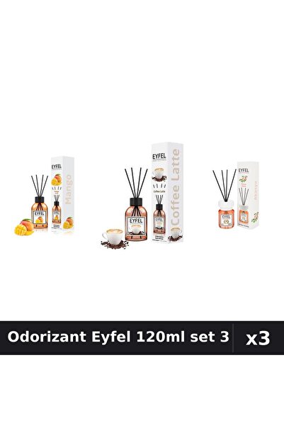 Eyfel Set 3 Odorizant Cameră Betișoare 120ml - Mango, Cafea, Acacia