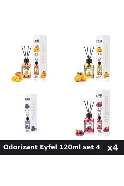 Eyfel Set 4 Odorizant Cameră Betișoare 120ml - Mango, Portocală, Zambile, Fru...