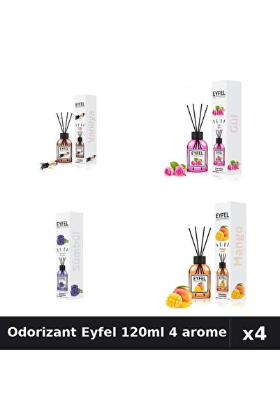 Eyfel Set 4 Odorizant Cameră Betișoare 120ml - Vanilie, Trandafir, Zambile, M...