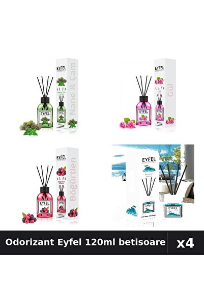 Eyfel Set 4 Odorizant Camera Betisoare 120ml - Pin Menta, Trandafir, Fructe, ...