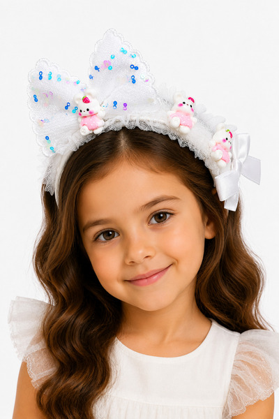 MakeWell Girl's Yellow Bow and Rabbit Figured Hair Crown with Glitter Tulle C...