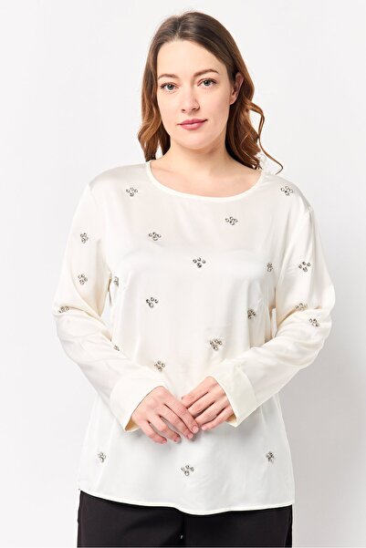Bebe Women Crew Neck Long Sleeve Metallic Blouse, Off White