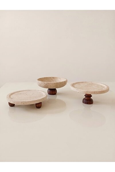 Trend Silver Ephesus Natural Travertine Stone Wooden Leg Round Set of 3 Decor...