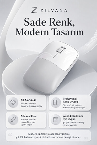 Zilvana Şarjlı Kablosuz Gri Mouse Bluetooth + 2.4G Çift Modlu Type-C Şarjlı S...