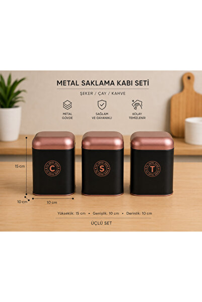 Karçiçeği Home Metal 3-Piece Tea Coffee Sugar Jar and Spice Container Storage...
