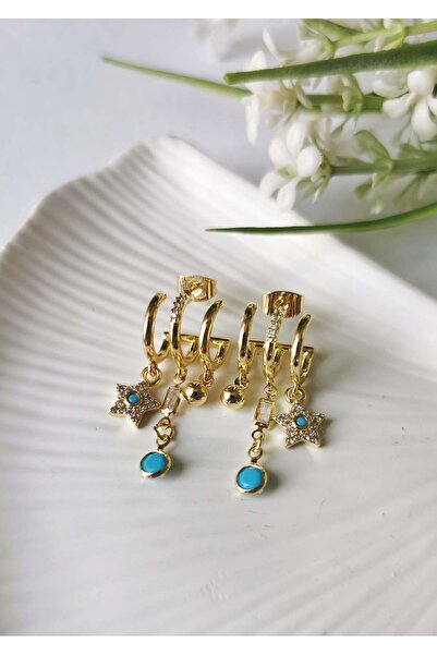 Halley Concept Multiple Hoop Steel Earrings with Star and Turquoise Stone Detail