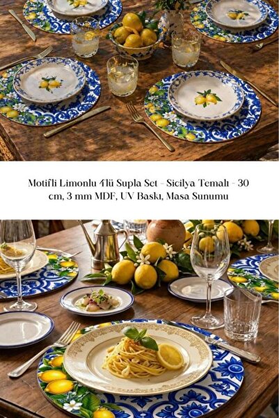 nesnelgift Motifli Limonlu 4'lü Supla Set – Sicilya Temalı - 30 cm, 3 mm MDF, UV Baskı, Masa Sunumu