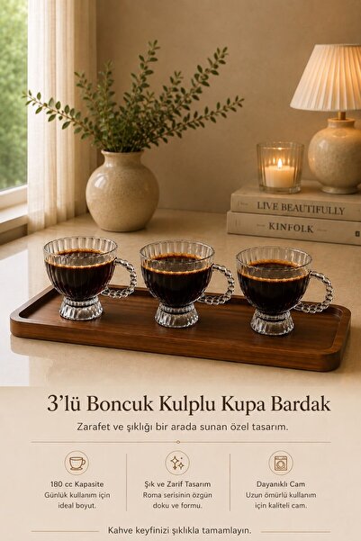 ENYAZA(2024) 3’lü Boncuk Kulplu Cam Kupa Bardak Seti 180 CC Şeffaf Çay ve Kah...