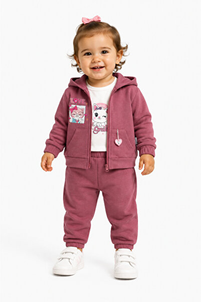 Chicsy Baby Kız Bebek 3'lü Kadife Takım Kapüşonlu Fermuarlı Hırka Body Pantol...