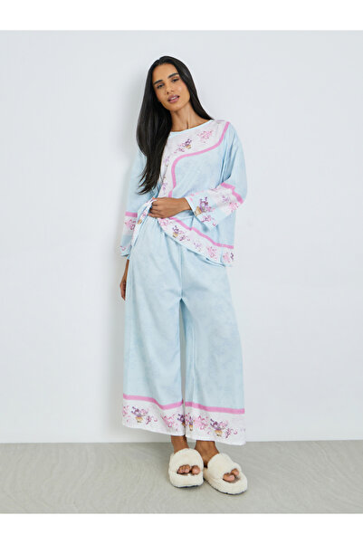 Styli Blue Floral Print Long Sleeve Top and Pyjama Set
