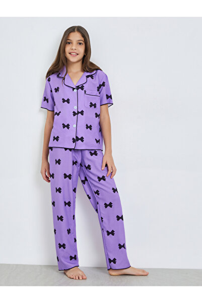 Take Two By Styli Teen Girls Bow Print Shirt and Pyjama Set