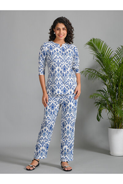 Sanskrutihomes By Styli Blue Printed Round Neck Viscose Rayon Shirt and Pyjam...