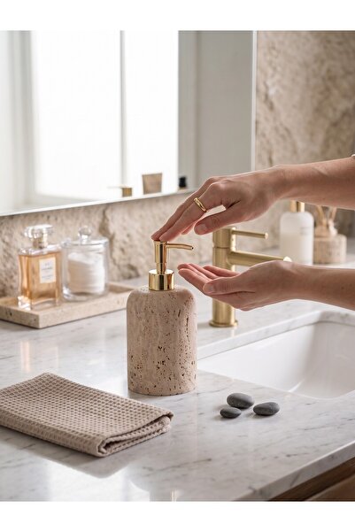 FARALYAHOME Faralya Home Doğal Traverten Sıvı Sabunluk - Gold Pompalı Banyo ve Mutfak Aksesuarı (11x9 CM)