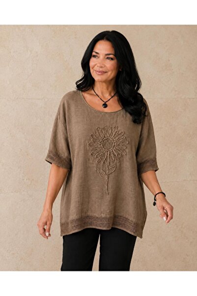AGORATEKSTİL Women's Sunflower Embossed Short Sleeve Linen Blouse with Mesh D...