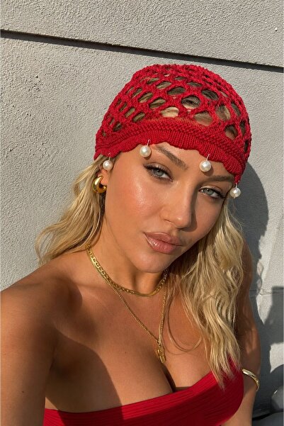 Goldmine Women's Pearl Knitted Mesh Bandana Red